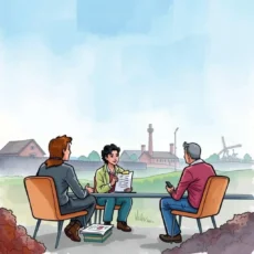 Three professionals discuss stakeholder communications outdoors near an industrial site.