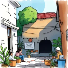 A vibrant courtyard scene showcasing a stakeholder engagement meeting in progress.