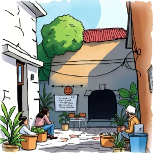 A vibrant courtyard scene showcasing a stakeholder engagement meeting in progress.