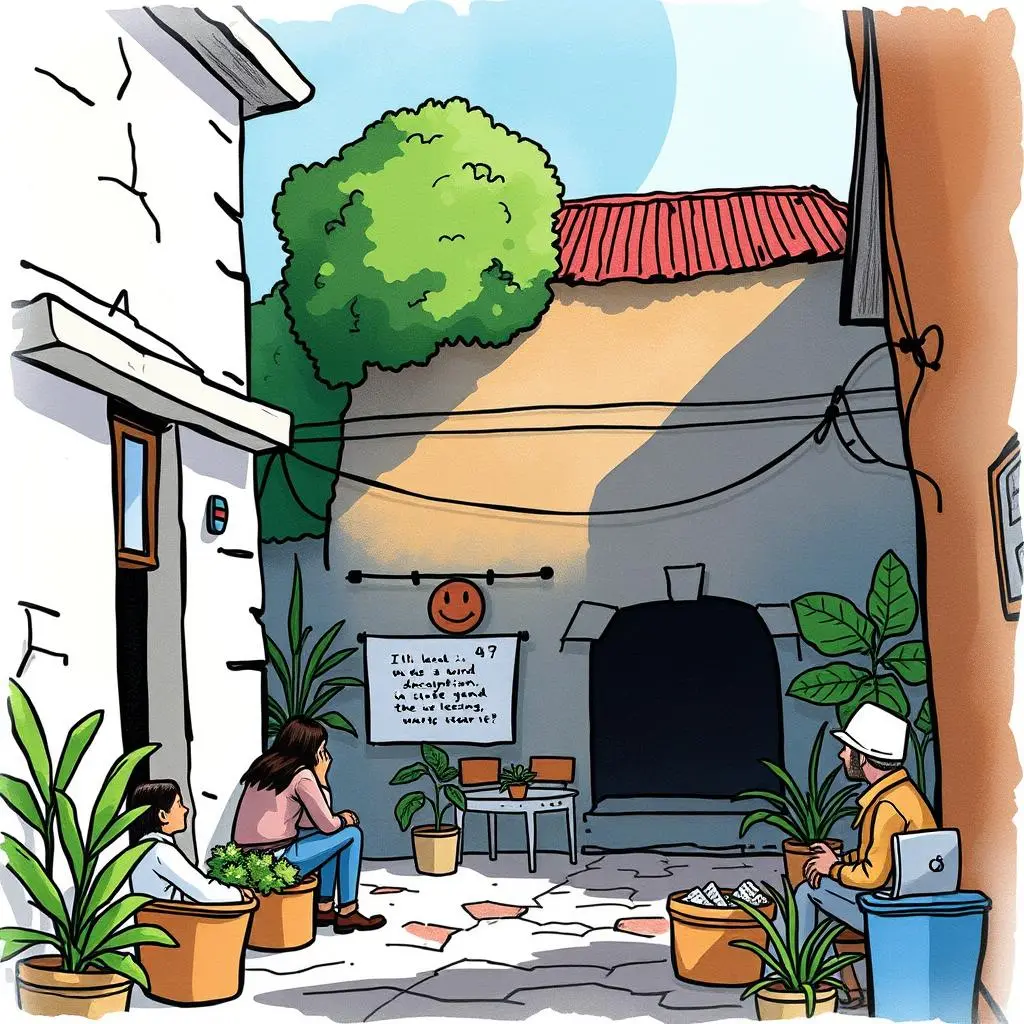 Engagement effectiveness reporter: Generate reports on engagement success indicators 1 A vibrant courtyard scene showcasing a stakeholder engagement meeting in progress.