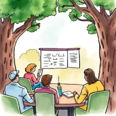 Group of professionals collaborating on a meeting agenda in a natural setting.