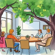 A group meeting in a nature-inspired conference room, discussing stakeholder engagement strategies