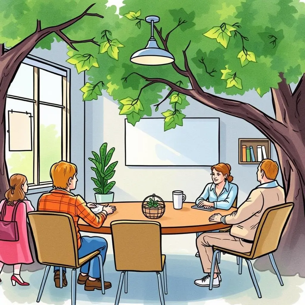 Quick stakeholder scheduler: Rapidly arrange meetings with stakeholders 1 A group meeting in a nature-inspired conference room, discussing stakeholder engagement strategies
