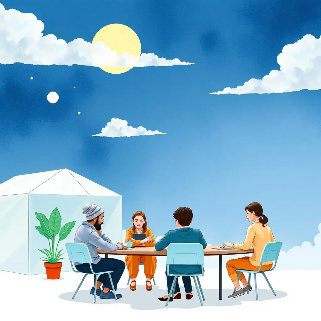 Stakeholder engagement time finder: Discover optimal times for stakeholder meetings 1 Four diverse professionals collaborating outdoors, discussing stakeholder meeting times.