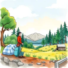 A person in a red jacket stands near a serene landscape with mountains, a lake, and a tent.
