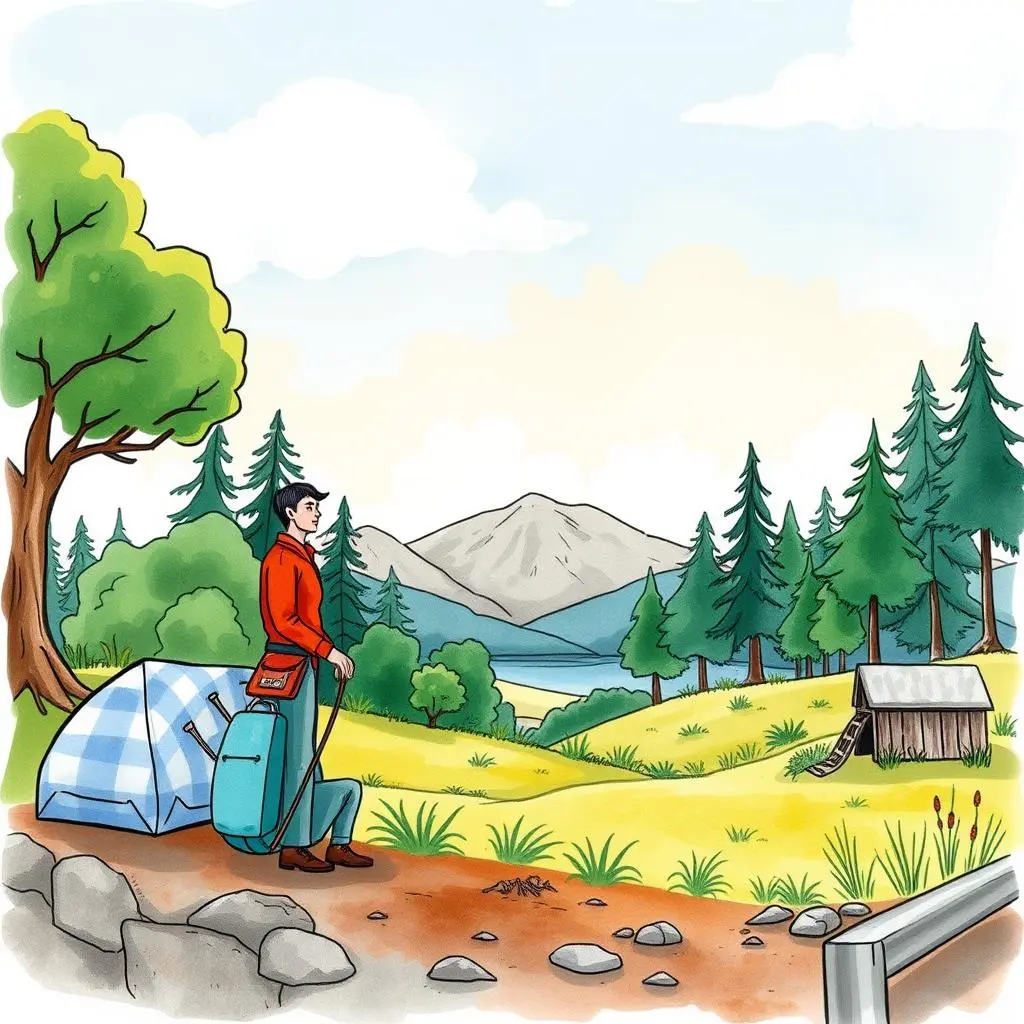 Stakeholder feedback synthesizer: Collect and summarize stakeholder insights 1 A person in a red jacket stands near a serene landscape with mountains, a lake, and a tent.