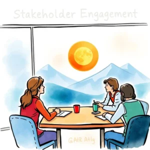 Stakeholder insight extractor: Summarize stakeholder feedback for action plans 1 Stakeholder engagement meeting with three professionals discussing strategies against a mountain backdrop.