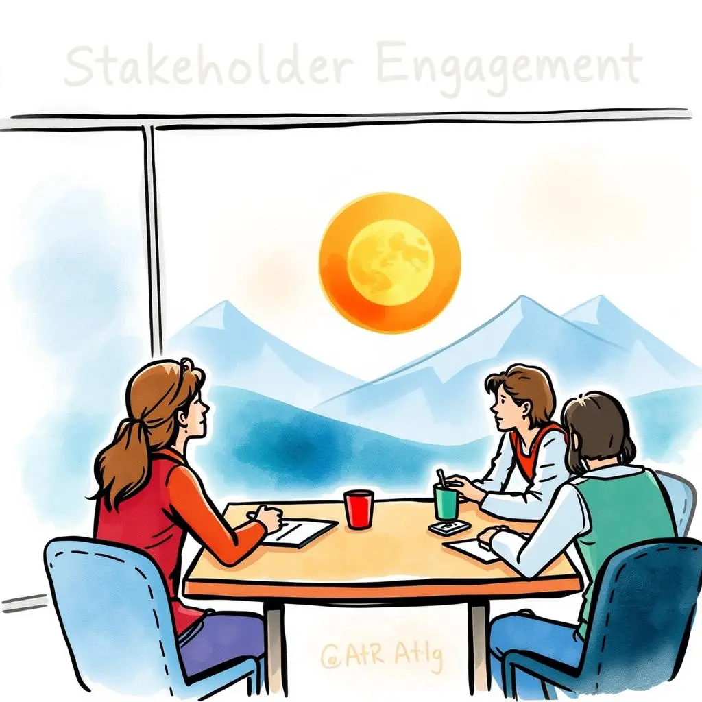 Stakeholder insight extractor: Summarize stakeholder feedback for action plans 1 Stakeholder engagement meeting with three professionals discussing strategies against a mountain backdrop.