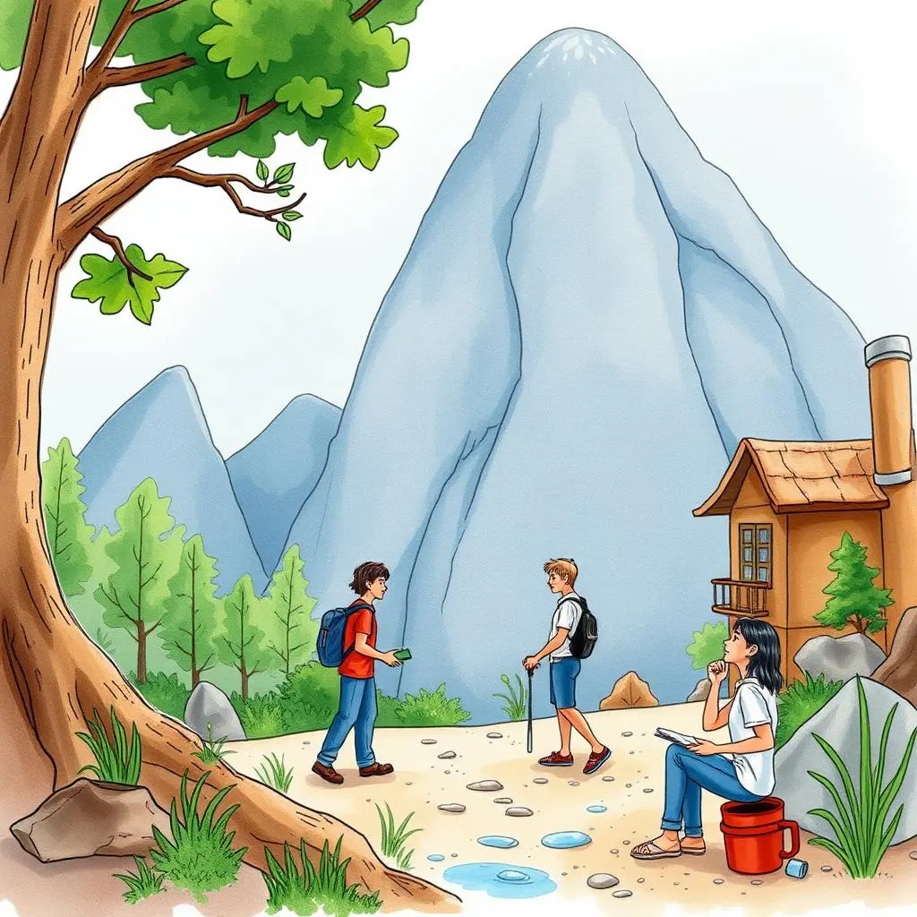 Stakeholder mapping template creator: Generate frameworks for stakeholder assessment 1 Two hikers interact on a trail near a cabin surrounded by mountains and trees.