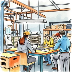 Meeting summary synthesizer: Create concise meeting notes for stakeholders 10 Meeting participants engaged in a collaborative discussion in a manufacturing setting.