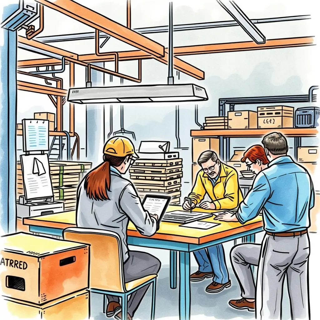 Meeting summary synthesizer: Create concise meeting notes for stakeholders 1 Meeting participants engaged in a collaborative discussion in a manufacturing setting.