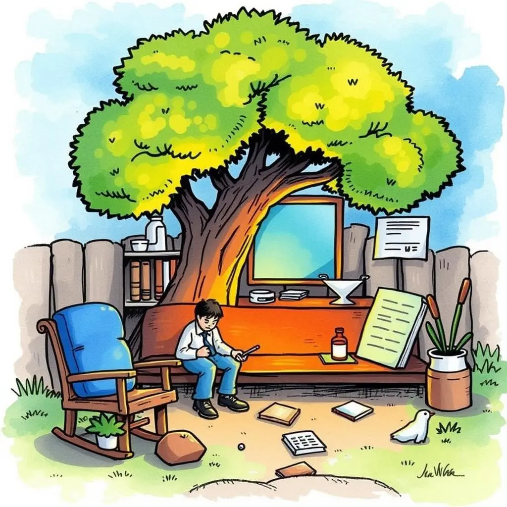 Sop editing tool: Edit and refine SOP drafts efficiently 1 A young boy sits on a bench under a tree, surrounded by papers and tools symbolizing a creative workspace