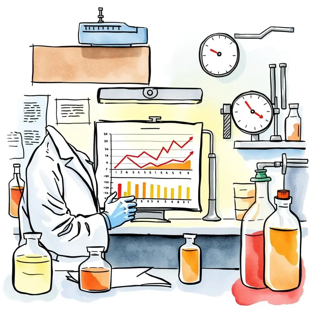Spc findings reporter: Report key findings from SPC analysis 1 Laboratory setting with a researcher displaying SPC analysis results on a computer screen