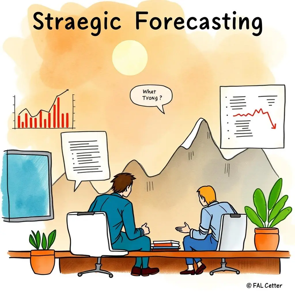 Strategic text synthesizer: Combine text inputs into cohesive forecasts 1 Strategic forecasting discussion with data visuals in a corporate setting.