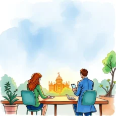 Two professionals strategizing philanthropy goals with a city skyline view.