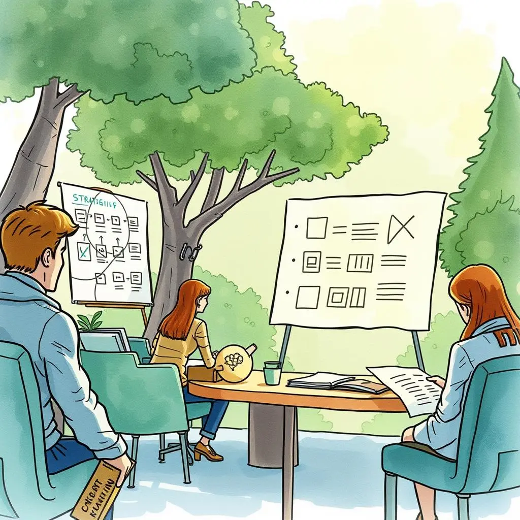 A team of professionals strategizing outdoors with visual plans on display boards.