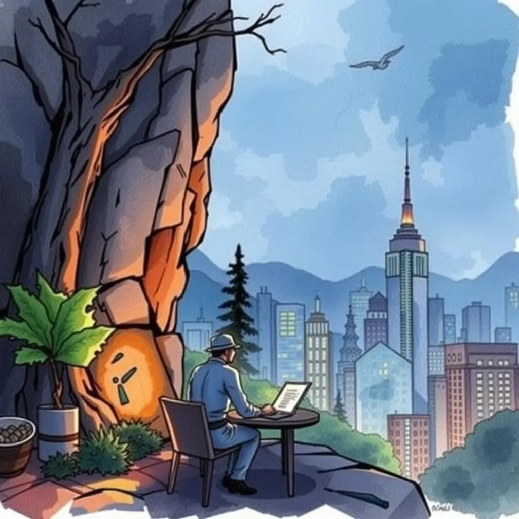 Summary report creator: Generate concise summaries of strategic texts 1 A person working on a laptop, creating reports, with a city skyline in the background at dusk