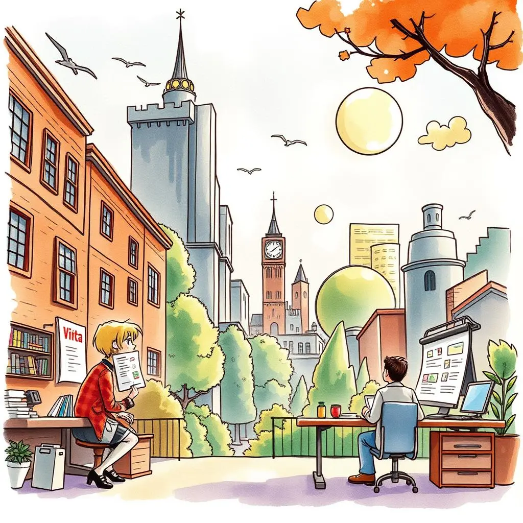 Analysis summarizer: Summarize complex data into clear reports 1 A person analyzing data with visuals in a vibrant city backdrop representing strategic insights.