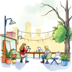 A couple of professionals discussing data analysis in a vibrant outdoor workspace setting.
