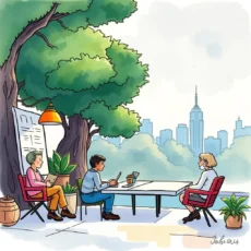 Customers discussing insights outdoors with city skyline in background, emphasizing feedback analysis.