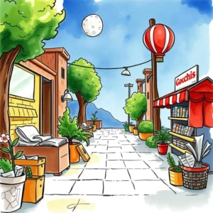 A vibrant street scene featuring a cozy market with plants and a lantern, promoting community engagement.