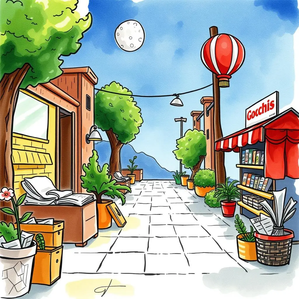 Discount strategy advisor: Generate effective discount offerings for products 1 A vibrant street scene featuring a cozy market with plants and a lantern, promoting community engagement.