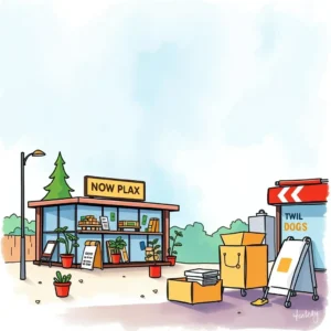 A vibrant outdoor market scene featuring a shop and delivery boxes, symbolizing dynamic pricing strategies.