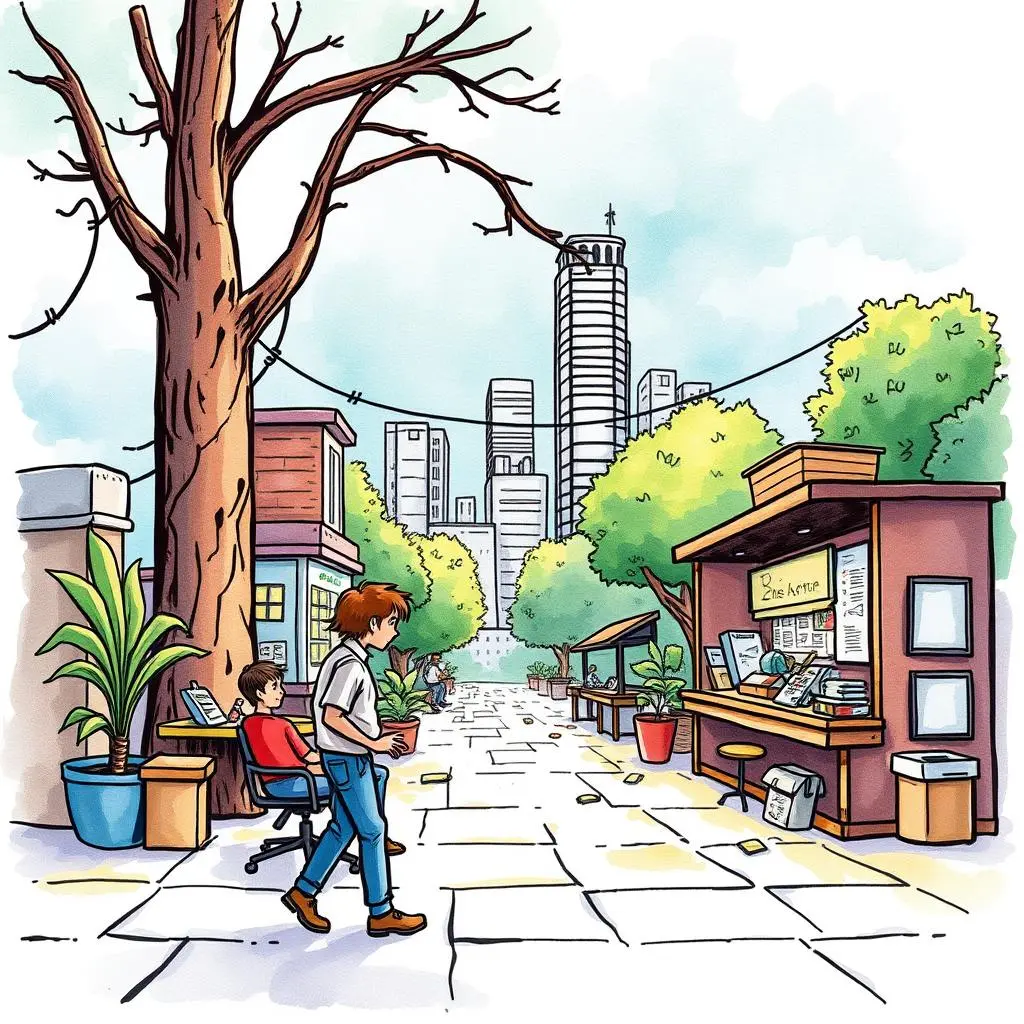 Market gap identifier: Identify potential market opportunities and gaps 1 A bustling city street scene featuring people interacting and various market stalls.