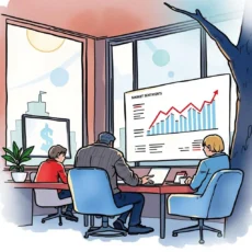 Market analysts review market sentiment trends in a corporate setting with visual data displayed on a screen.