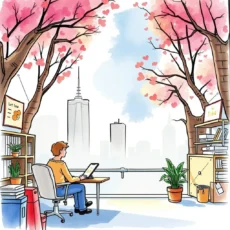 A person uses a tablet at a desk in a bright office surrounded by blooming cherry trees and skyscrapers.