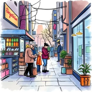 Crowded urban street with shoppers and storefronts