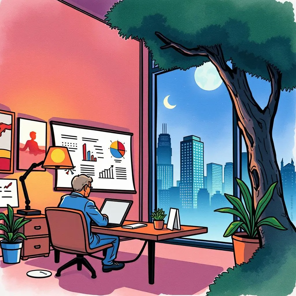 Report drafting tool: Assist in drafting data-driven reports instantly 1 A professional analyst using a report drafting tool in a serene office setting overlooking the city.