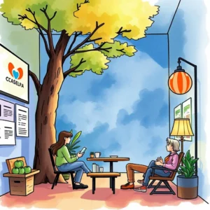 A tranquil workspace scene depicting two individuals engaged in conversation about customer sentiment analysis