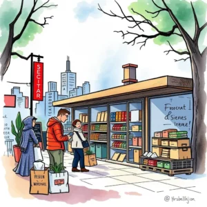 A bustling city market scene showcasing shoppers interacting with a local store.
