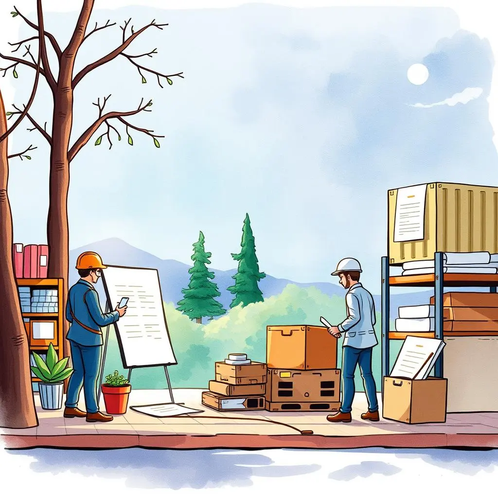 Clause suggestion tool: Generate specific contractual clauses easily 1 A professional examines a large document while another inspects boxes outdoors.