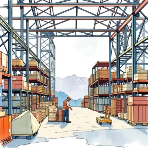Warehouse scene showing a worker evaluating inventory for the Supplier Financial Performance Analyzer tool.