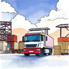 A delivery truck surrounded by shipping containers in a port setting.