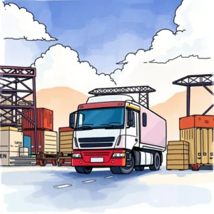 A delivery truck surrounded by shipping containers in a port setting.