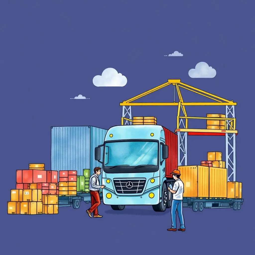 Two professionals coordinating logistics near a truck and shipping containers.