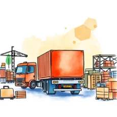 Colorful illustration of a truck and warehouse, symbolizing supply chain management.