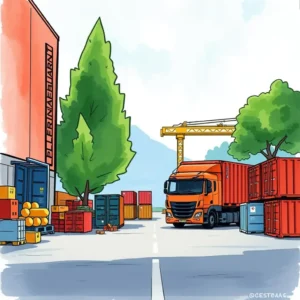 Supply chain scene showcasing truck, containers, and operations management environment.