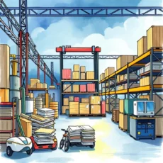 Stacks of boxes and documents in a warehouse representing supplier documentation processes