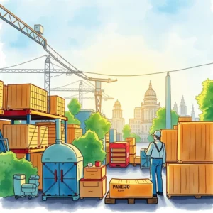 Feedback processor: Analyze and summarize supplier feedback responses 6 Warehouse scene showcasing operations, crates, and supply chain activities.