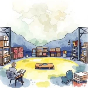 Feedback quality evaluator: Assess and enhance feedback for quality management 3 An illustration of a warehouse room with shelves and a person evaluating feedback on a notebook.