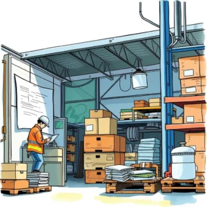 Quality control text evaluator: Assess documentation for quality control metrics 2 Engineer reviewing documents in a warehouse during quality control assessment.
