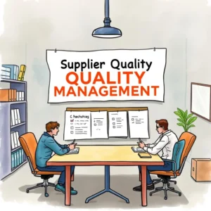 Supplier Quality Management meeting featuring two professionals discussing quality review agendas