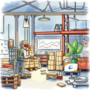A worker analyzes supplier data in a warehouse filled with products and performance charts.
