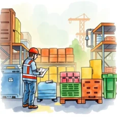 A supplier quality engineer reviews performance data in a warehouse with various colored containers.