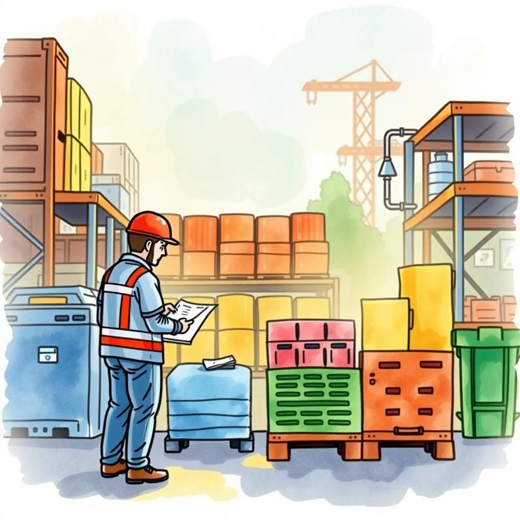 Supplier performance highlight generator: Summarize key supplier performance indicators 1 A supplier quality engineer reviews performance data in a warehouse with various colored containers.