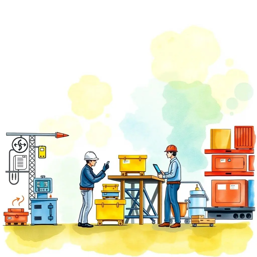 Supplier performance trend identifier: Highlight trends in supplier evaluations 1 A construction scene with engineers assessing supplier performance using tools and equipment in quality management.